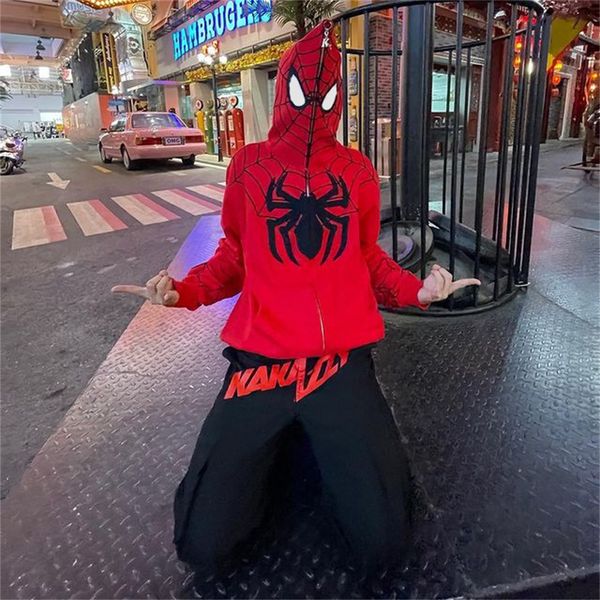 Hoodies dos homens moletom hip hop aranha impressão hoodies homens mulheres zíper manga longa jaqueta casacos outono inverno solto moletom com capuz y2k streetwear 230904