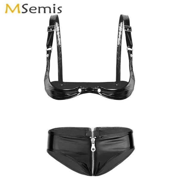 Msemis Frauen Wet Look Leder Unterwäsche Set Erotischer offener BH mit Reißverschluss Booty Slips Sexy Pole Dance Rave Bikinis Dessous B247i