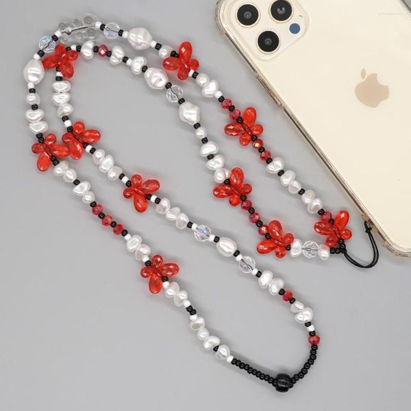 Link pulseiras go2boho telefone charme acessórios jóias longa corrente borboleta frisado pérola cinta móvel correntes anti-perdido cordão