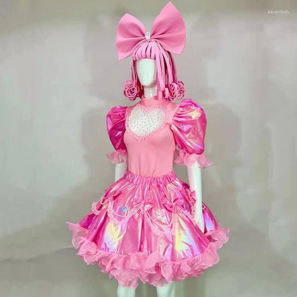 Palco desgaste adulto mulheres princesa cosplay traje adorável role-playing desempenho roupas rosa puff manga tutu vestido peruca sexy