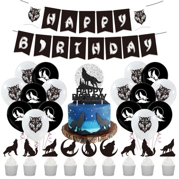 Altri articoli per feste per eventi Cheereveal Lupo Tema Decorazione di compleanno Palloncini bianchi neri Happy Banner Cake Topper per ragazzi 230901