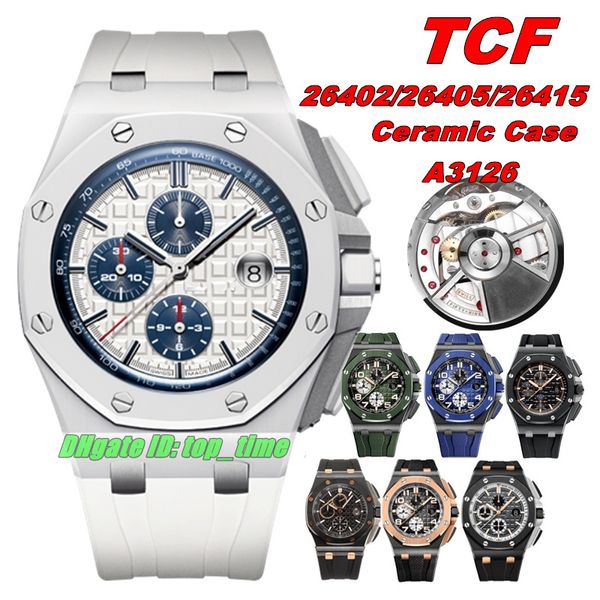 TC Factory Relógios TCF 26402 44mm Caixa de cerâmica Cal.3126 / ETA7750 Cronógrafo automático Relógio masculino com mostrador branco pulseira de borracha relógios de pulso para homens