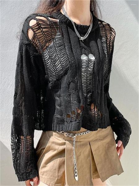 Damenpullover Sexy locker sitzende Pullover Tops Mode Damenbekleidung Pullover 2023 Koreanische durchbrochene zerrissene Strickwarenbluse für