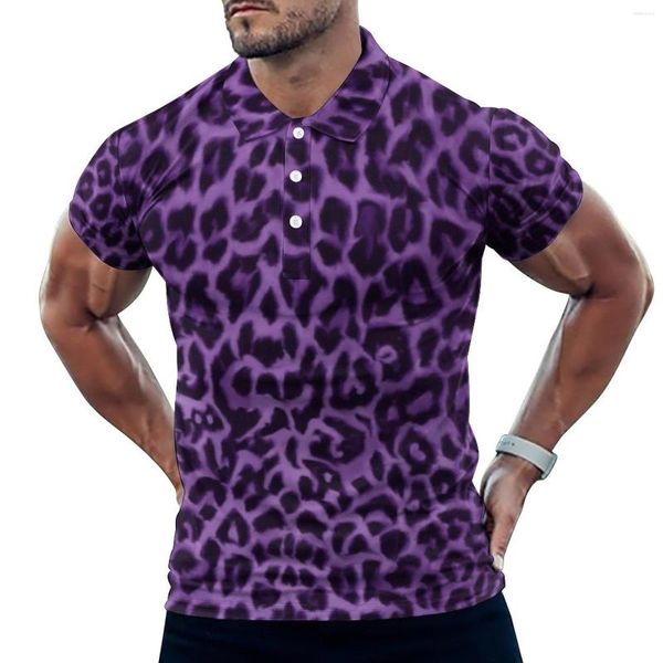 Мужские поло Фиолетовые рубашки-поло с леопардовым принтом с животным принтом Повседневная рубашка Дневная уличная одежда Футболки Мужские рубашки с короткими рукавами и воротником большого размера с графикой