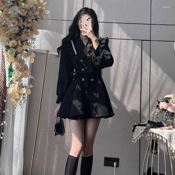 Trench da donna Moda Nero Giacca a vento media e lunga da donna Coreano doppiopetto Cappotto in vita Cappotto arricciato autunno primavera