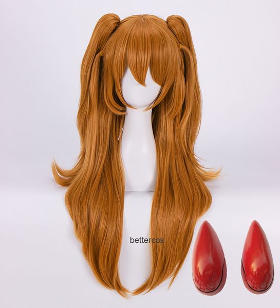 Parrucche cosplay EVA di alta qualità Asuka Langley Soryu Parrucche cosplay lunghe arancioni con 2 fermagli per coda di cavallo Parrucca sintetica resistente al calore Protezione per parrucca 230904