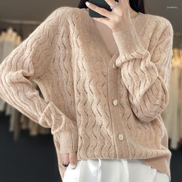 Frauen Strick 2023 Frühling Strickjacke Wolle Gestrickte Pullover Chic Tops Kaschmir Jacke Sexy Hohl-out Lose Große Größe mantel