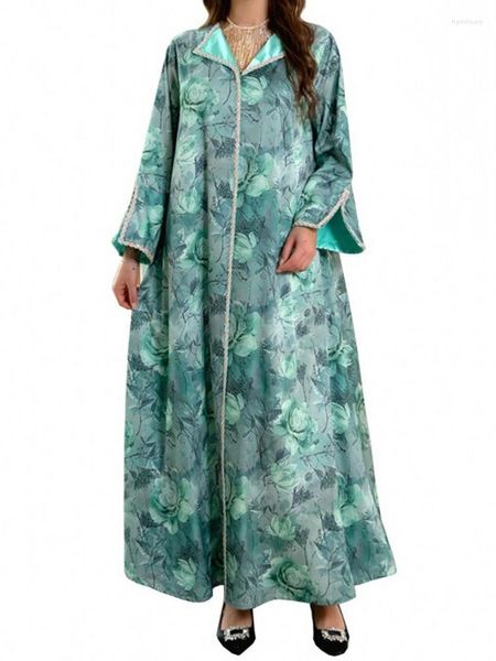 Abbigliamento etnico Abito da donna musulmana Jalabiya Moda Stampa floreale Abito in raso con diamanti Manica lunga Maxi Dubai Abaya Caftano Arabo