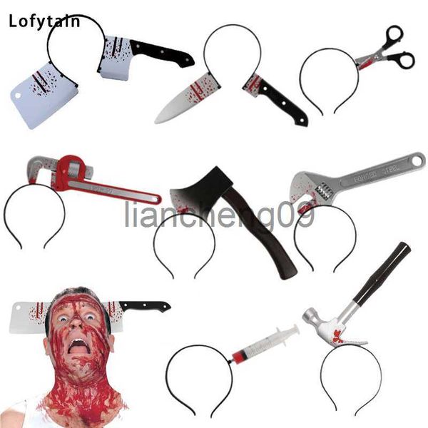 Decoração de festa Lofytain Halloween Horror Adereços Sangue Falso Machado Serras Faca Headband para Festa de Halloween Masquerade Mischief Props Decoração X0905