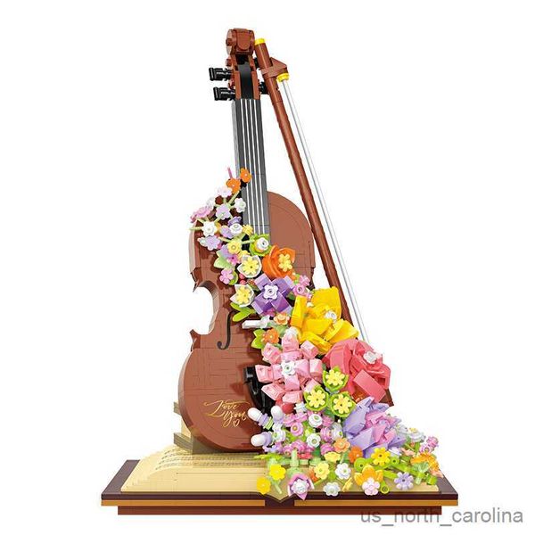 Bloklar Yaratıcı ve eğlenceli simüle edilmiş keman çiçek masa üstü dekorasyon süsleri mikro yapı taşları oyuncaklar hediyeler R230905