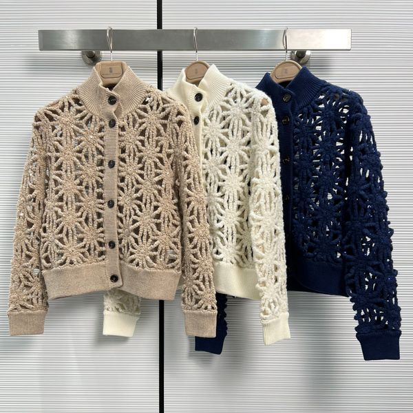 Maglione da donna Marchio di moda europeo Cappotto lavorato a maglia cavo con perline brillanti fatto a mano con fiori