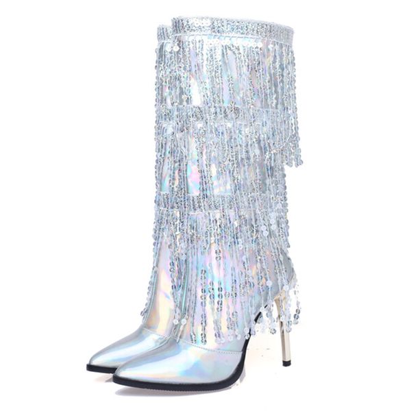 Modische spitze Zehen- und Fransen-Pailletten-Mitte-Kalb-Stiefel für Frauen, Reißverschluss, metallischer Glitzer, sexy, elegantes Kleid, lange Schuhe für Mädchen, Party-Schuhe, 35–42