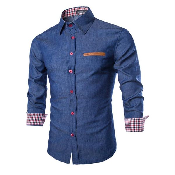 Camisa jeans masculina de manga comprida, camisa fashion slim fit estilo azul marinho, camisa masculina de manga comprida para homens210p