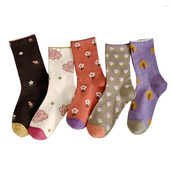 Frauen Socken 5 Paar Mode Lange Herbst Winter Niedlichen Druck Blume Baumwolle Straße Radfahren Schöne Dame Marke Designer Sokken