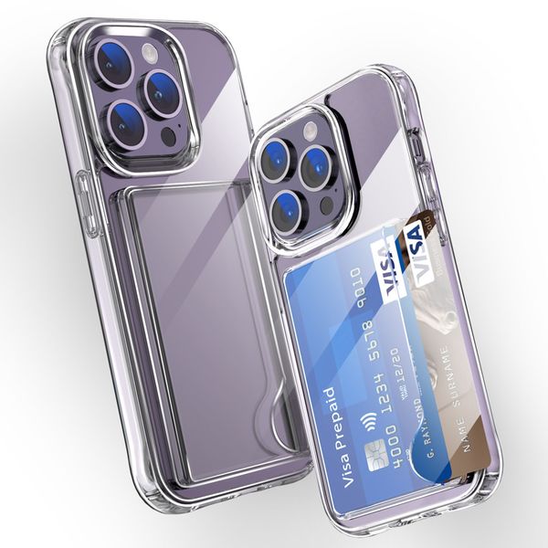 Porta-cartões transparente 2 em 1 TPU Acrílico Híbrido Slim Fit Carteira com compartimento para cartão para iPhone 15 Pro Max 6P 7P 8P X/S XR XS 11 12 114 S10 Note20 S20 S23 Ultra S24