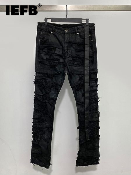 Jeans masculinos IEFB Darkwear homens revestidos multi thread decoração cera escovando pano elástico high street 2023 calças masculinas 9a4318 230904