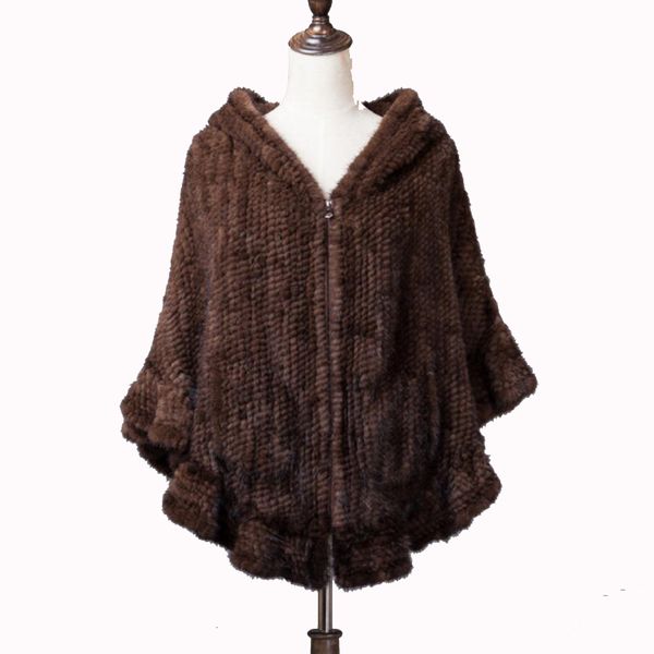 Damen-Fell-Schal aus echtem Nerzfell. Versprechen Sie gute Qualität, gestrickter Cape-Poncho-Schwanz, 2 Farben OEM 230904