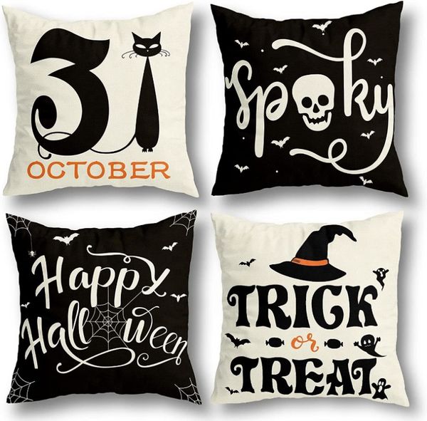 Decorações de Halloween Capas de almofadas 18x18 Suprimentos para festas internas e externas Decoração de casa de fazenda Lance Web Cat Skull Ghost Capa de almofada decorativa 919