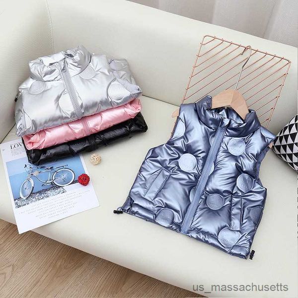 Casaco para baixo meninas meninos coletes quentes outono inverno novo bebê colete outerwear para baixo algodão engrossado jaquetas moda roupas crianças coletes sólidos r230905