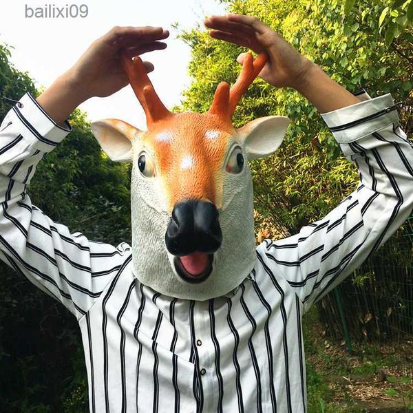 Máscaras de festa Sika Veado Máscara Halloween Látex Elk Máscara Engraçado Animal Bonito Cosplay Headgear Máscara de Festa T230905