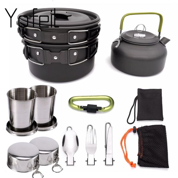 Camp Kitchen 1 Set Outdoor Töpfe Pfannen Camping Kochgeschirr Picknick Kochset Antihaft-Geschirr mit faltbarem Löffel Gabel Messer Wasserkocher Tasse 230905