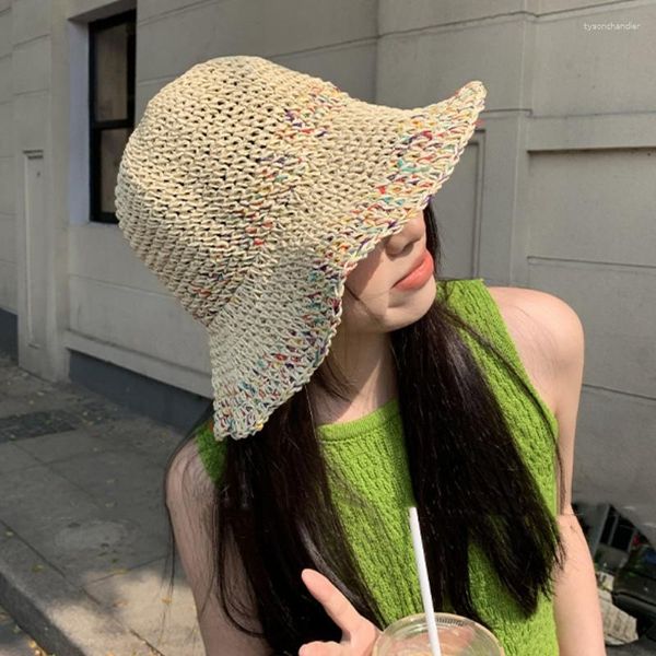 Berets verão artesanal colorido chapéus de sol para mulheres menina dobrável respirável crochê chapéu de palha femme aba larga praia panamá balde boné