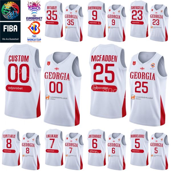 Impresso 2023 Copa do Mundo de Basquete Georgia Jersey 25 Thaddus McFadden 23 Shengelia 5 Mamukelashvili 4 Rati Andronikashvili 35 Goga Bitadze 10 Duda Sanadze Camisa Masculina