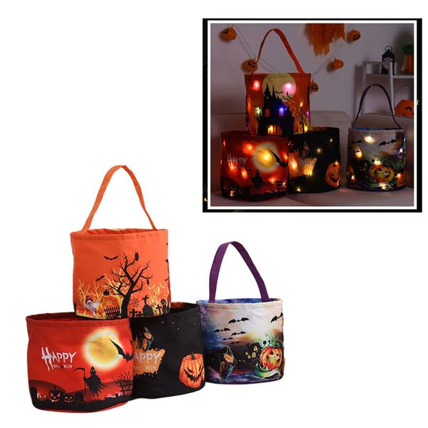 Cesta de halloween brilhante saco de abóbora portátil saco de doces das crianças festival fantasma balde portátil decoração prop