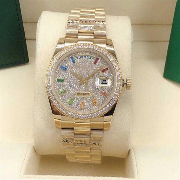 2023 senhoras relógio automático 36mm moldura de diamante rosto safira arco-íris quadrado diamante ding aço inoxidável desconto impermeável311t