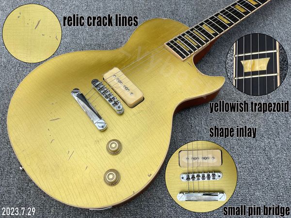 Guitarra elétrica ouro sólido otp relíquia trabalho linhas de crack único p90 captador ébano escala amarelada inaly peças envelhecidas e pintura