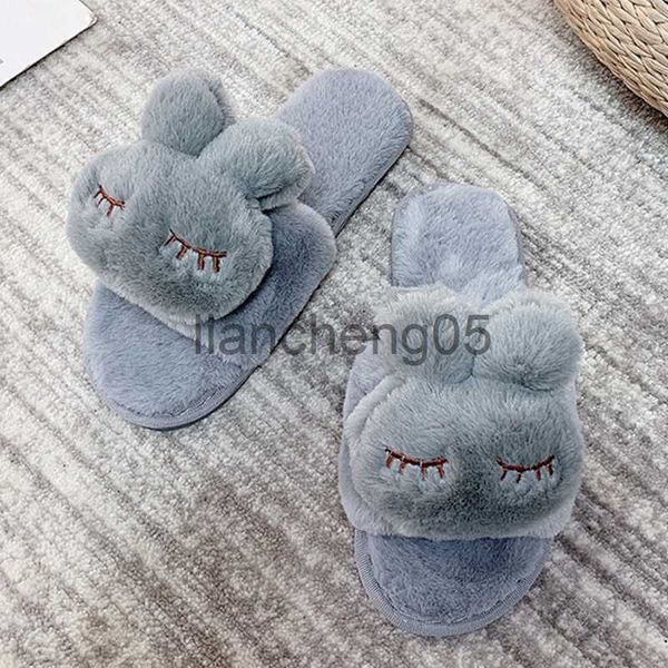 Chinelos Bonito Coelho Dos Desenhos Animados Mulheres Chinelos Inverno Quente Fluffy Sapatos Menina Soft Bottom Plush Slides Indoor Home Chinelos de Algodão X0905