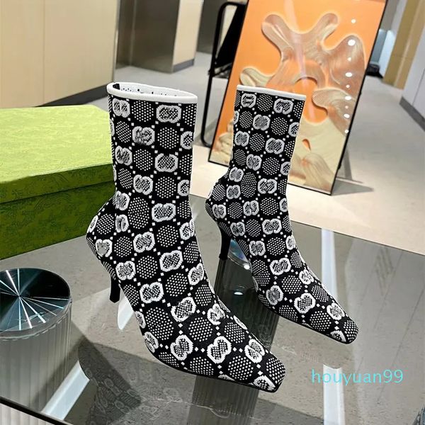 Botas primavera e outono moda salto alto tornozelo bota pintura com estiramento sub-rede conjunto de desgaste botas de sola de couro mulheres dançando casamento de designer de luxo