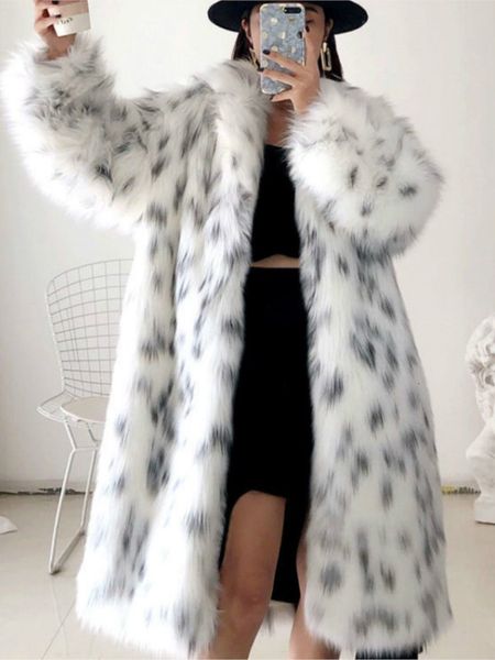 Mulheres pele do falso casaco de inverno senhora casual neve leopardo impressão jaqueta feminina grosso quente midlong plush outerwear 230904