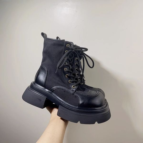 Botas femininas amarelas de estilo britânico com cano médio de lona de cabeça grande