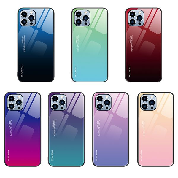 Capa de vidro temperado gradiente fino para iphone 15 pro max 14 13 12 11 xr x 8 7 plus à prova de choque tpu pára-choques duro volta funda conque