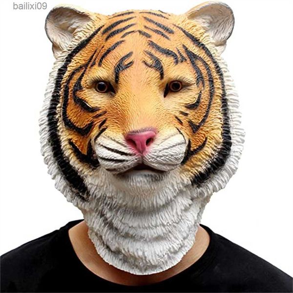 Máscaras de festa novidade traje de Halloween festa animal jurássico cabeça máscara realista tigre máscara de látex travessuras adereços t230905