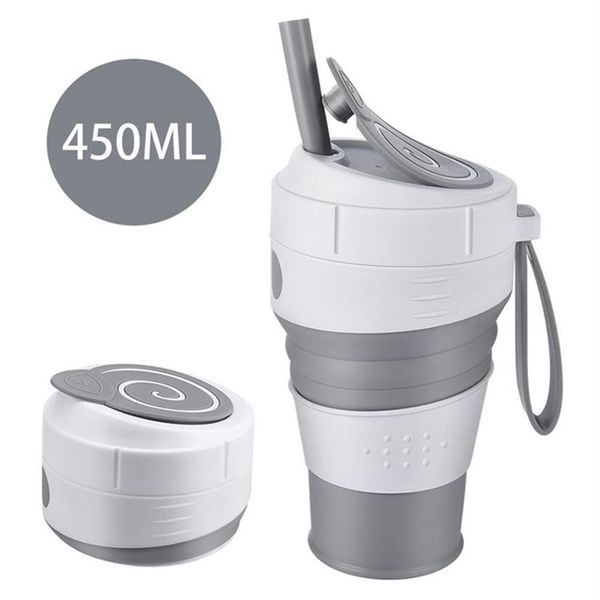 Copo de café dobrável de silicone 450ml, com palha, tampa à prova de vazamento, para viagens, caminhadas, piquenique, produto comestível, bpa, caneca de café dobrável 2186y