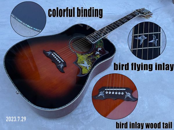 Chitarra acustica tabacco scoppiato intarsio volante di uccelli sulla tastiera e tastiera in palissandro con rilegatura in abalone con battipenna