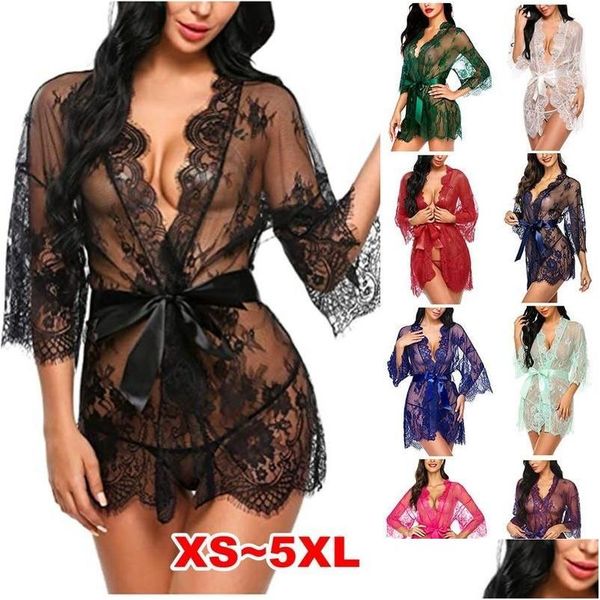 Mulheres Sleepwear Mulheres Plus Size Camisola Mulheres Sexy Lingerie See-Thru Lace Vestido Babydoll Kimono Robe Malha Nightwear Drop Delive Dhhdq