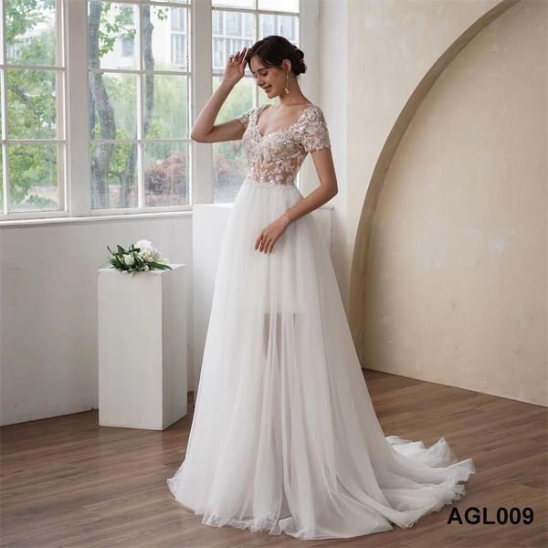 Abito da sposa a trapezio con scollo a cuore Abito da principessa leggero di lusso con piccolo sentiero Slim AGL009