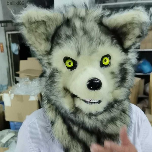 Máscaras de festa boca móvel máscara de raposa cosplay traje mandíbula móvel lobo máscaras festa de halloween animal de pelúcia máscara de cabeça cheia t230905