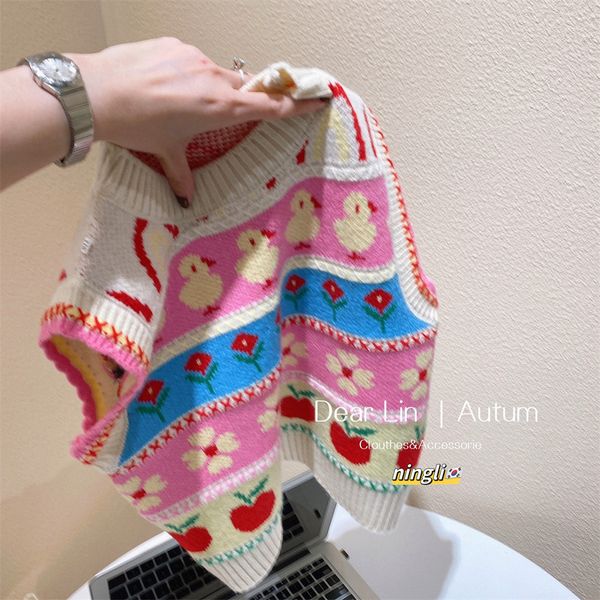 Weste Winter Herbst Kinder Mädchen Weste Baumwolle gestrickt Cartoon Blumen ärmellos Pullover warm vielseitig Stretch Kinder Mädchen Weste 230904