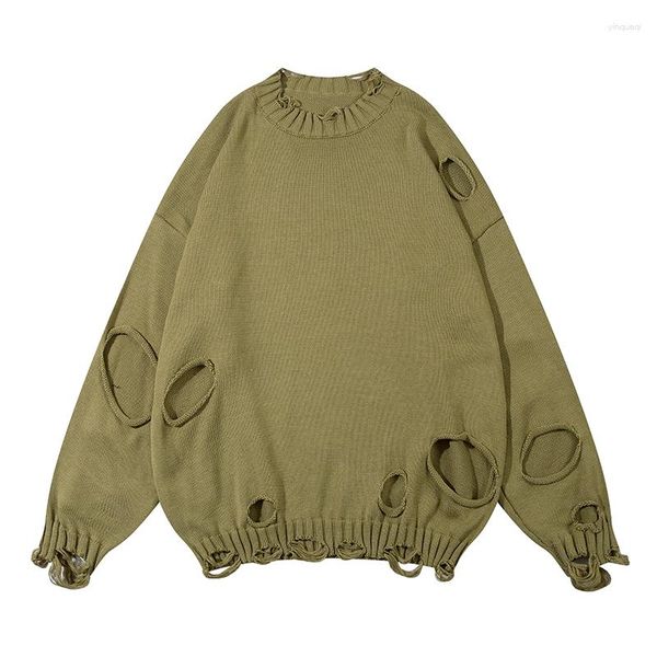 Männer Pullover Einfarbig Ripped Loch Pullover Für Männer Und Frauen Y2k Rundhalsausschnitt Ropa Hombre Baggy Woolen Clohtes übergroßen Sueter