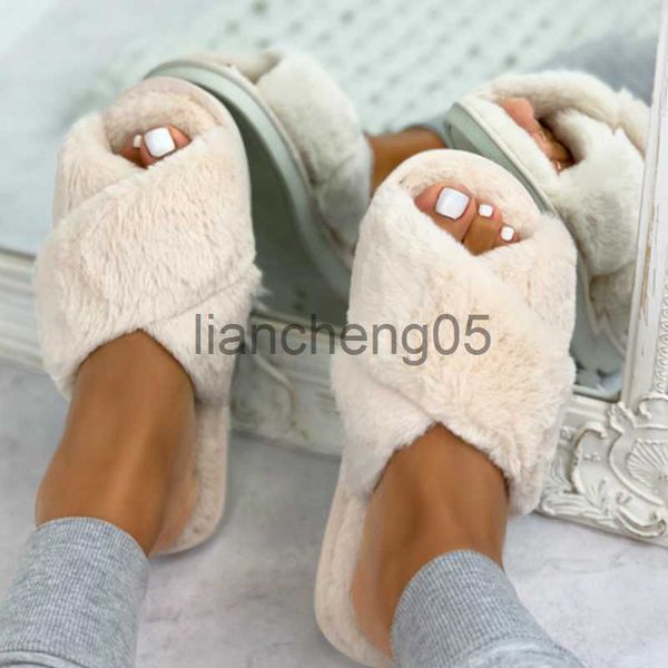 Chinelos Mulheres Moda Quente Fluffy Chinelos Cozy Faux Fur Cross Indoor Floor Slides Flat Soft Furry Senhoras Femininas Celebridades Flip Flops X0905