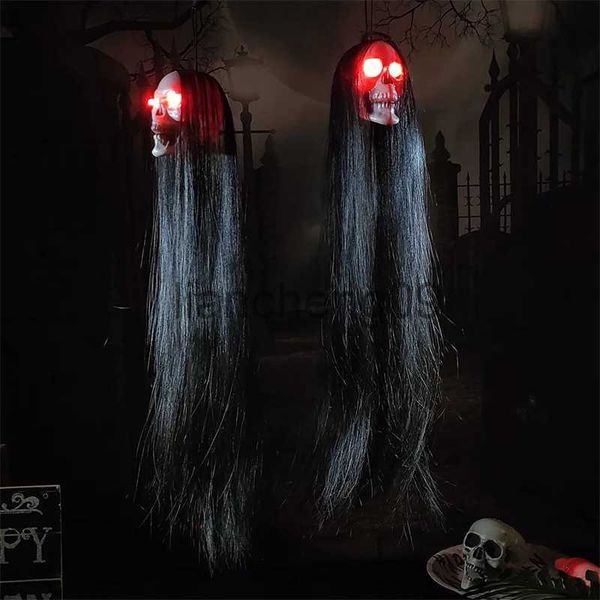 Party Dekoration Halloween Hängende Geist Horror Requisiten LED Skelett Lange Haare Schädel Kopf Anhänger Für Halloween Party Outdoor Decor Spukhaus x0905