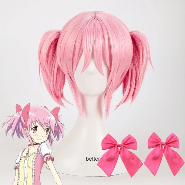 Parrucche Cosplay Puella Magi Madoka Magica Madoka Kaname Parrucche Cosplay Rosa Corta 2 Clip Coda di cavallo Parrucca per capelli sintetici resistente al calore Protezione per parrucca 230904