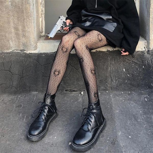 Collant a rete jacquard a pois con cuore nero da donna Punk gotico scava fuori collant trasparenti a rete calze autoreggenti calzini calze242y