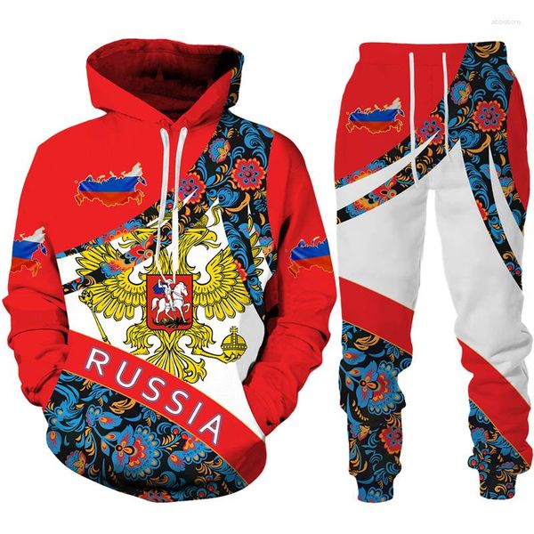 Tracksuits dos homens Bandeira Russa 3D Imprimir Tracksuit Set Homem Mulher Oversized Casual Hoodie Calças 2 PCS Rússia Emblema Nacional Moda Streetwear