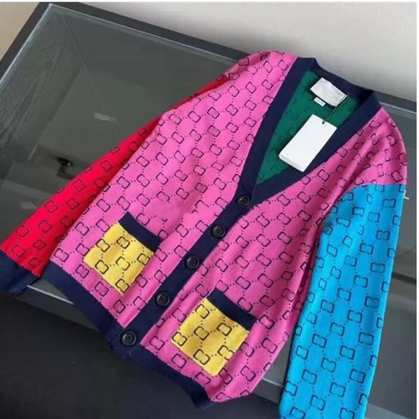 Casual Maglia a contrasto di colore a maniche lunghe moda autunnale Donna scollo a V jacquard Maglione geometria patchwork Maglione da donna femminile Maglioni a maniche lunghe