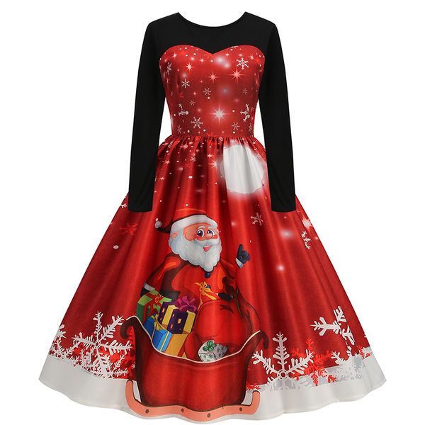 Temel Sıradan Elbiseler Autumnwinter Uzun Kollu Elbise Hedefli Baskı Büyük Salıncak Etek Noel Baba Yıl Giyim 230905